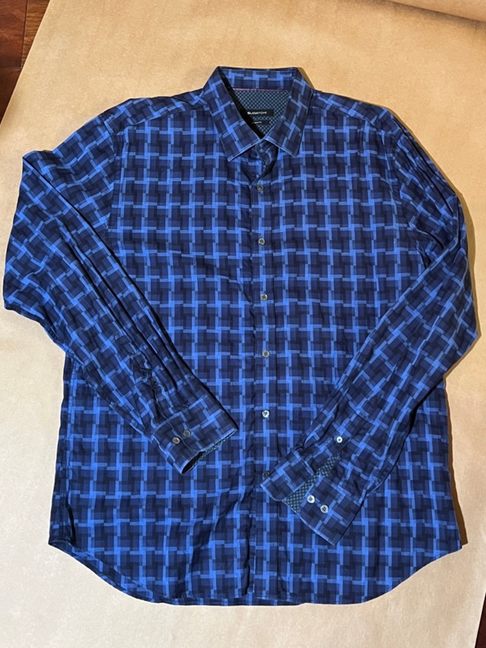 Bugatchi Blue and Black Geometric Plaid Button-Down Shirt